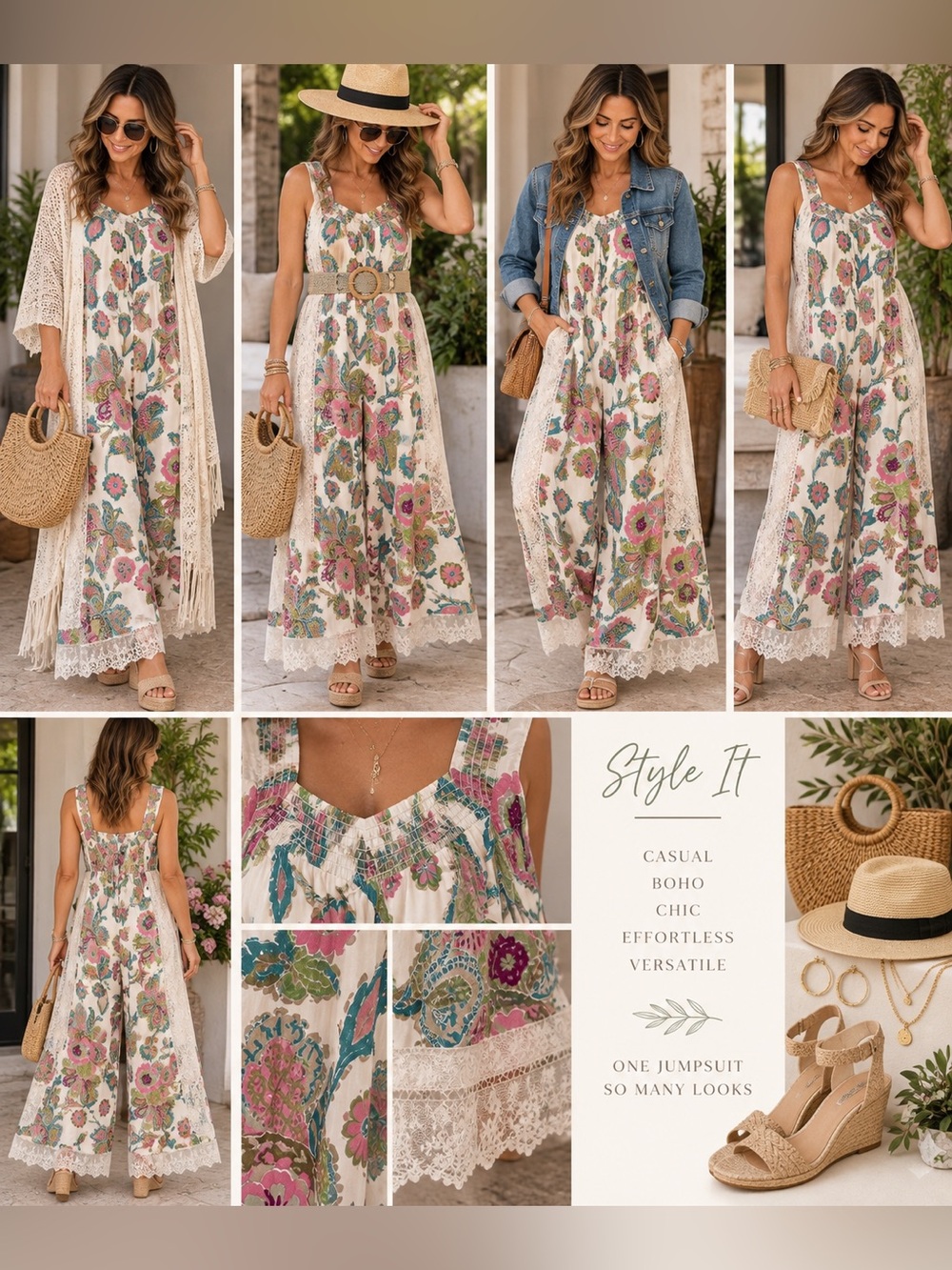 Boho Floral Lace-Trim Maxi Jumpsuit Dress - Cream/Pink/Teal